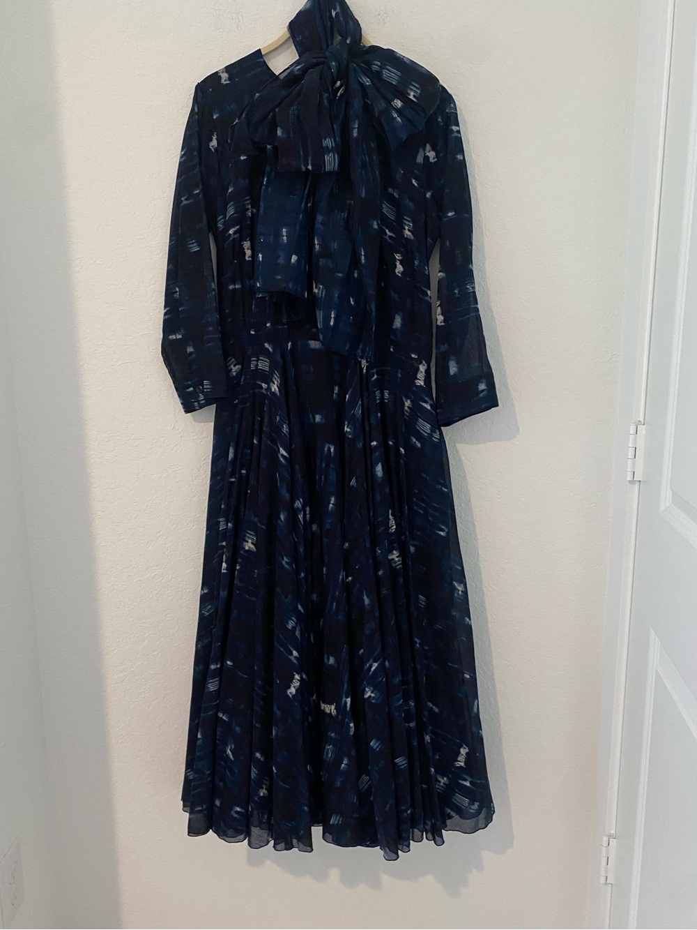 SAMANTHA SUNG Navy Abstract Print Midi Dress with Tie Neck